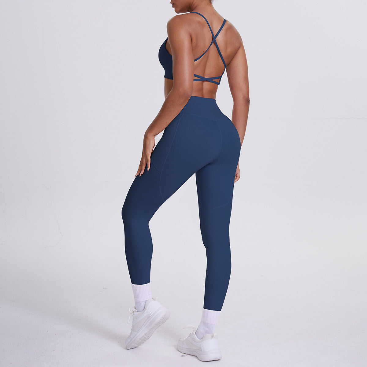 Spot European and American nude sports pocket trousers sexy suspenders sports beautiful back running fitness pants yoga suit set