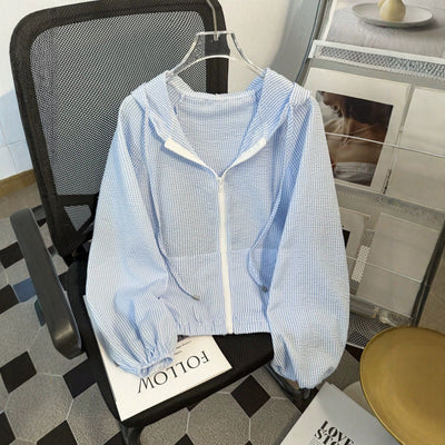 Ready-to-ship new women's lightweight casual hooded zip-up sun protection jacket - spring/autumn casual long sleeve striped outerwear