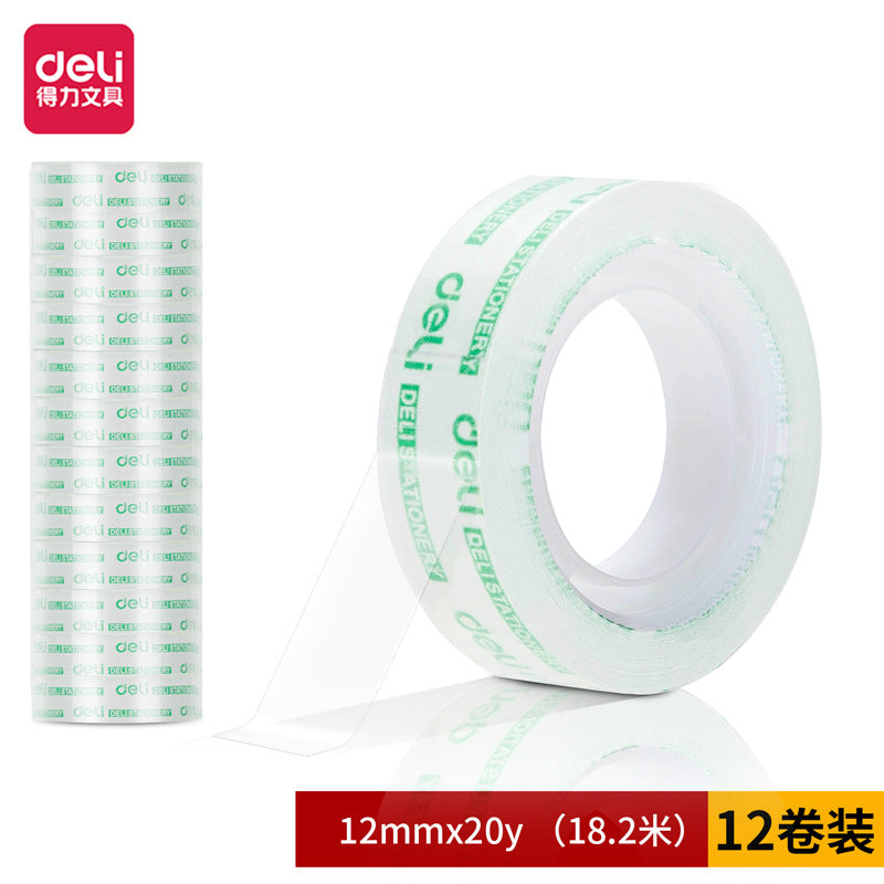 Deli 30014 High Transparency and Easy Tear Student Stationery Tape 1.2cm * 20Y Transparent Small Tape Tape 12 rolls/tube