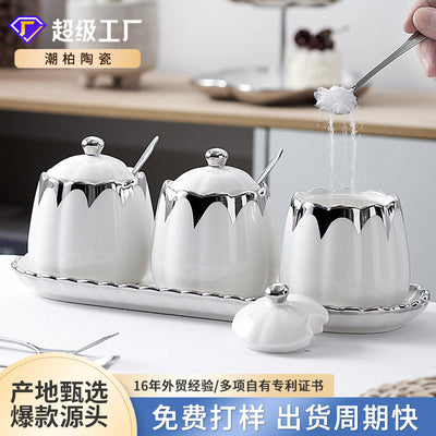 Nordic light luxury ceramic spice jar set - home kitchen condiment box, sugar bowl, salt shaker, seasoning container set - kitchen utensils gift