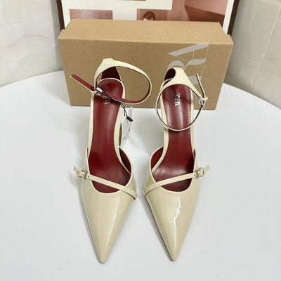 Za2025 summer new pointed-toe stiletto heels - wine red patent leather, single buckle, thin strap women's high heels