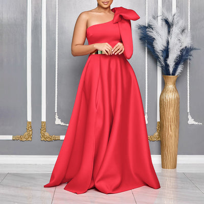 C8613exportfashion summer new arrivalelegantfashion oblique shoulder bow banquet dress long skirt african dress