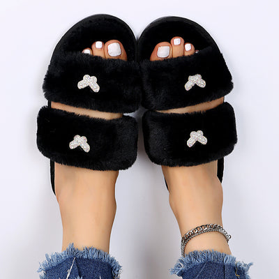 2024 new plus size indoor/outdoor flat pearl rhinestone butterfly cotton slippers - women's new fuzzy slippers