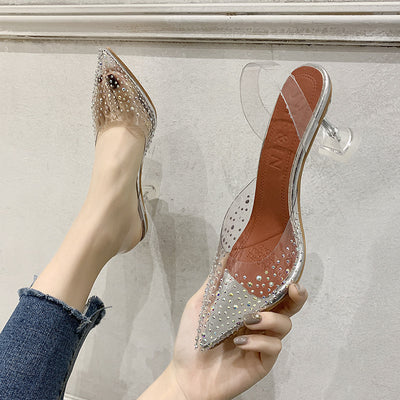 2024 summer new korean style transparent rhinestone stiletto sandals crystal shoes women's high heels plus size export