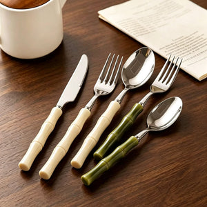Carefully selected creative acrylic bamboo handle western cutlery, forks, spoons, dessert spoons, stainless steel forks and spoons cutlery suit wholesale