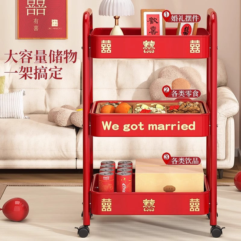Red trolley rack Wedding household Wedding engagement arrangement Happy New Year's Day Spring Festival Floor storage shelf