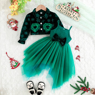 girls' new christmas snowflake top + irregular suspender skirt shawl dress - direct from the manufacturer