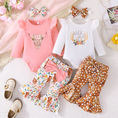 spring european and american style casual baby girl cow print long sleeve romper + flare pants three-piece set