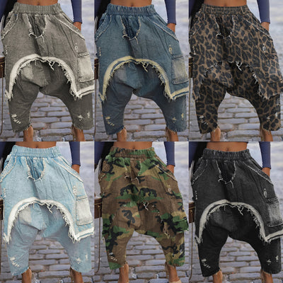 S391378 cross-border women's wholesale personalized trendy distressed brushed ripped jeans fashionable loose harem pants