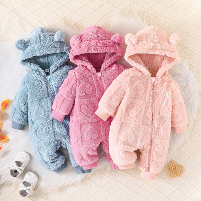 new autumn/winter bestseller: fuzzy heart hooded romper - long sleeve bodysuit for baby boys and girls