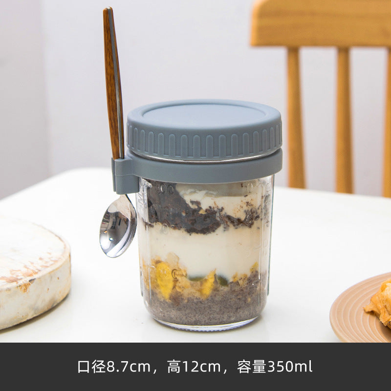 隔夜燕麦杯玻璃牛奶杯便携酸奶杯麦片杯子带勺盖早餐杯批发梅森杯