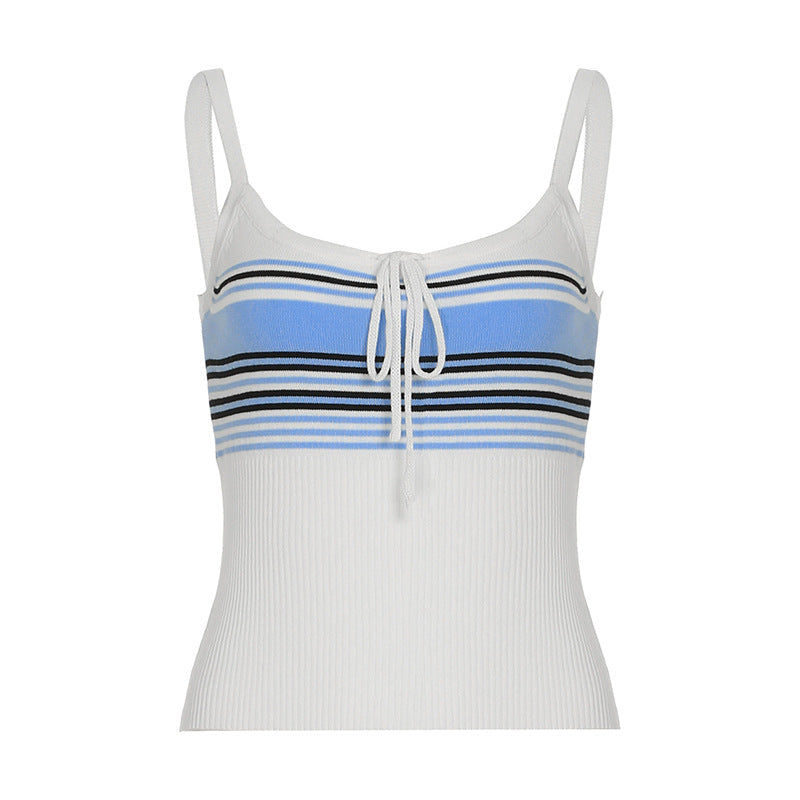 Summer American retro striped casual suit woolen suspender top contrasting color loose lace-up trousers two-piece set women