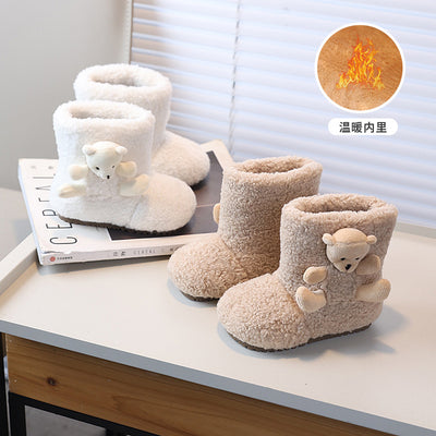 Girls' winter fleece-lined lambswool outerwear cotton shoes, new korean style children's cartoon warm snow boots, fluffy