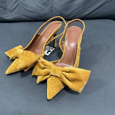 Z brand bow-embellished velvet pointed-toe mules, yellow high heels, 2024 spring new collection, low-cut fashion sandals