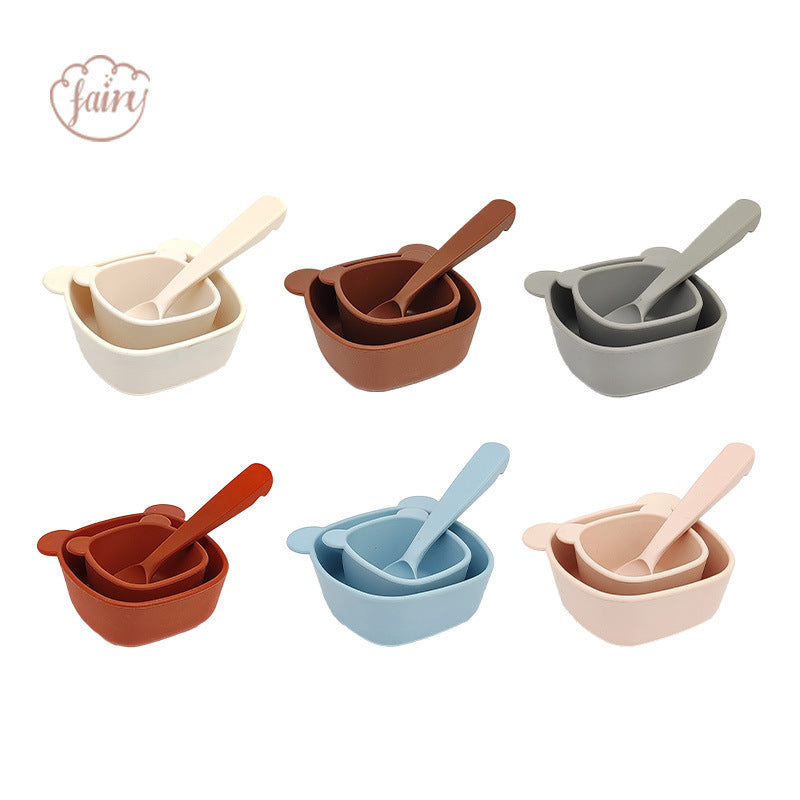 Cross-border bear training complementary food bowl children's silicone bowl feeding tableware 2-piece set with suction cup anti-drop feeding tableware