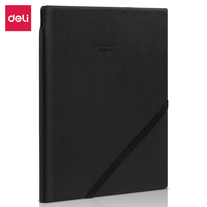 Deli 22215 leather book PU material 25K business notepad with pen insert oblique strap notebook wholesale