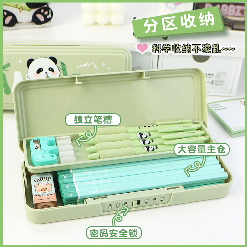 Stationery box custom password lock multi-layer large-capacity pencil case panda cartoon multi-functional high-value pencil bag wholesale