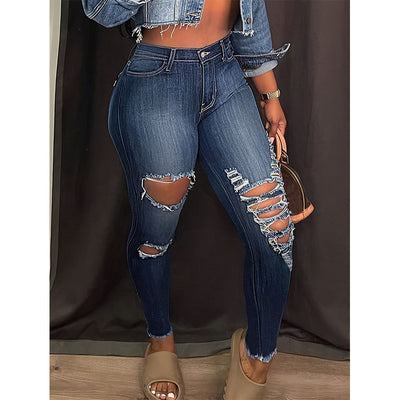 Pre-sale 81#j015# cross-border foreign trade women's clothing european and american ins fashion ripped elastic denim pants