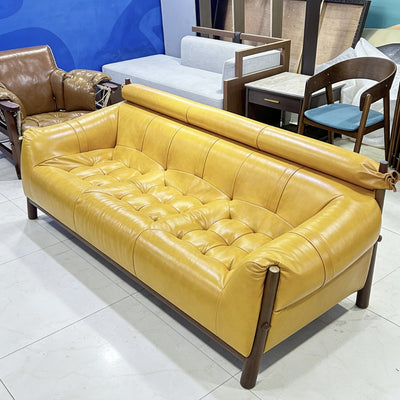 Solid wood sofa fabric designer creative straight row high back retro ash wood three-person new arrival oil wax leather