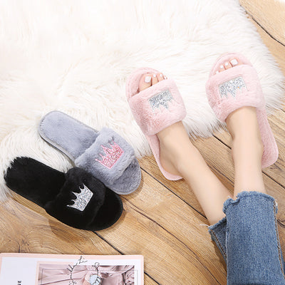 Fuzzy slippers women's 2024 spring new korean style flat crown one-strap warm home & outdoor cotton slippers
