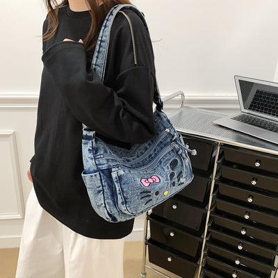2025 new fashion versatile denim bag women's shoulder crossbody bag hello kitty casual travel canvas bag