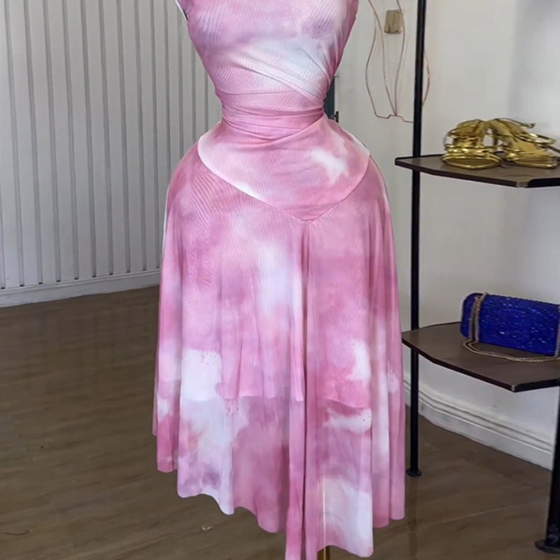 European and American  women's clothing 2025 summer new temperament sweet semi-turtleneck printed high-waisted irregular dress