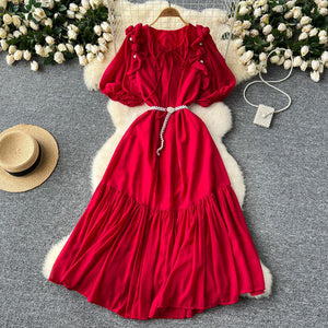 French-inspired beaded, ruffled, lantern-sleeve, a-line chiffon dress with a cinched waist and flattering, full skirt
