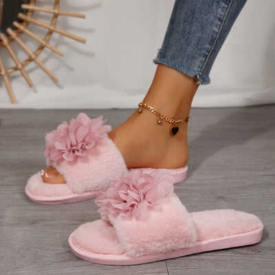 2024 spring/autumn/winter new floral platform fuzzy slippers - women's indoor/outdoor flat heel warm plush slippers