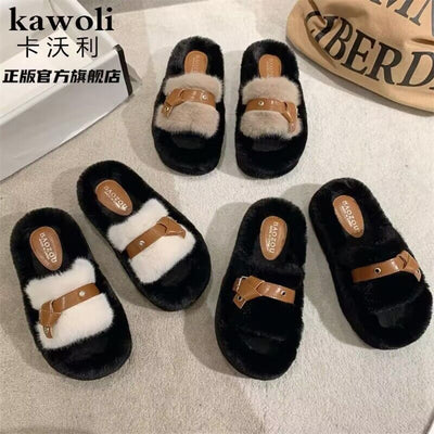 Thick sole cross strap furry slippers for women fall and winteroutwear2023new arrivalplatform shoesthick soleincrease soft bottomfor home cotton slippers