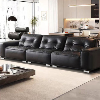 Italian minimalist genuine leather sofa, straight-row, high-end living room sofa, soft furnishings for villas, black high-end black diamond sofa