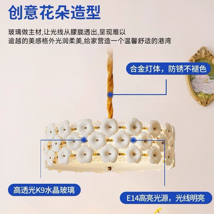 陶瓷花朵吊灯法式奶油风氛围感大厅灯圆形创意造型新款护眼客厅灯