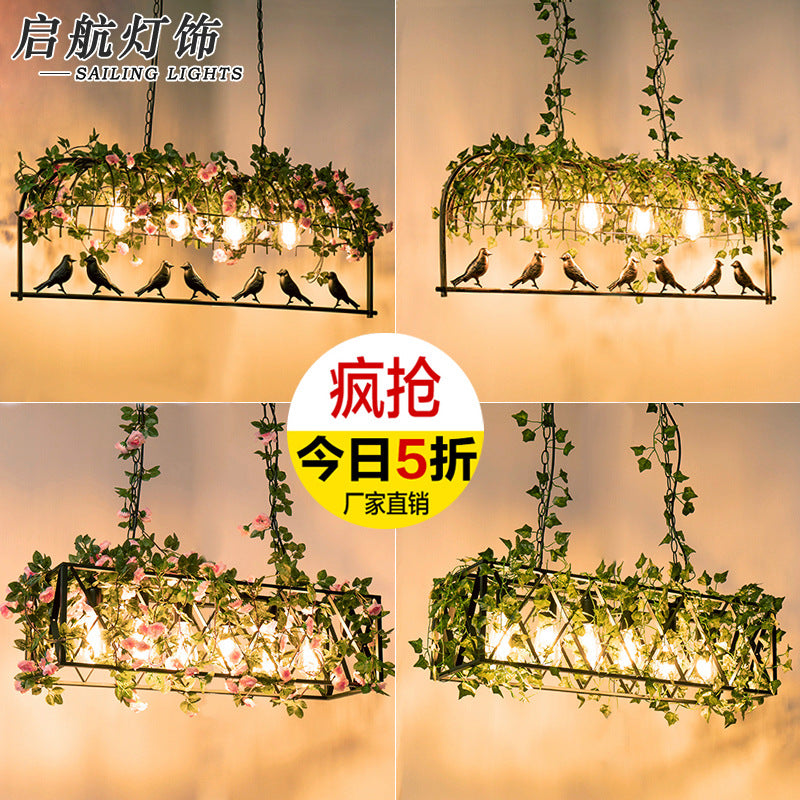 American industrial wind wrought iron bar counter plant bird cage chandelier creative personality art retro restaurant lamp green plant light