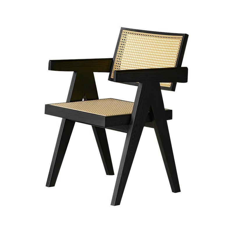Chandigarh Chair Wabi Solid Wood Dining Chair Rattan with Armrests Black Ash Home
