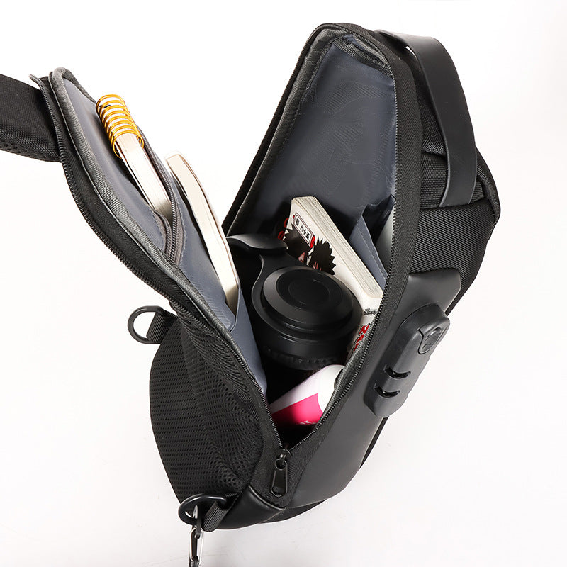 Customized combination lock men's breast bag, messenger bag, Oxford cloth sports men's bag, one shoulder messenger bag, logo customization can be printed.