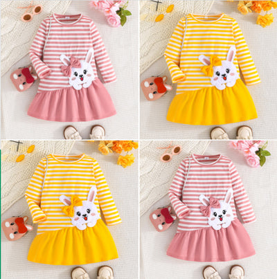girls' cute 3d bunny dress - striped patchwork ruffle hem long-sleeve outing dress for toddlers