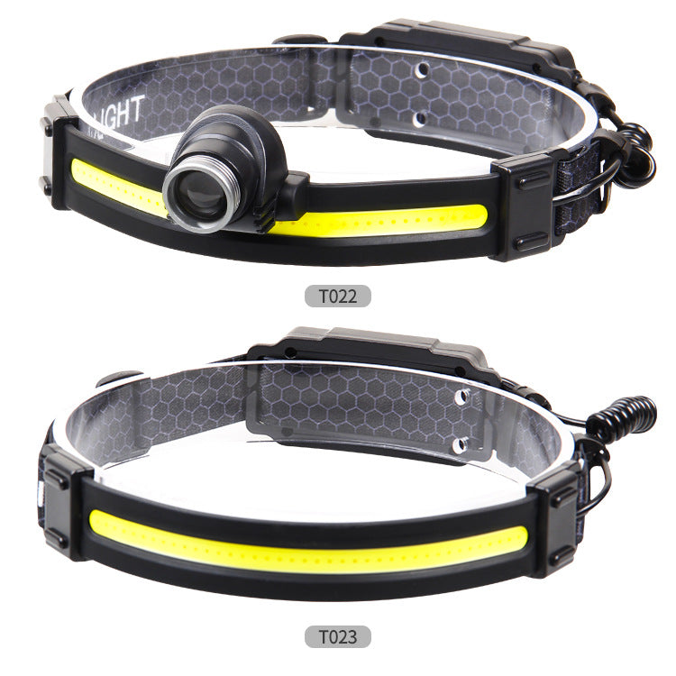 Cross-border new outdoor telescopic zoom induction strong light USB charging silicone built-in battery power display COB headlight