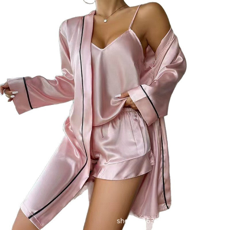 European and American  women's pajamas, home simulation silk V-neck long cardigan, skin-friendly, sexy, fashionable and enlarged nightgown