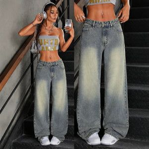 European and american style women's wide leg jeans - high waist, drapey, loose fit, floor-length straight leg - streetwear trend, cross-border bestseller