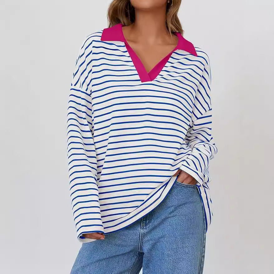 European and American Independent Station Cross-border Women's Clothing 2024 Autumn TK  Explosive Loose Casual Collar Striped Long Sleeve Sweater Women