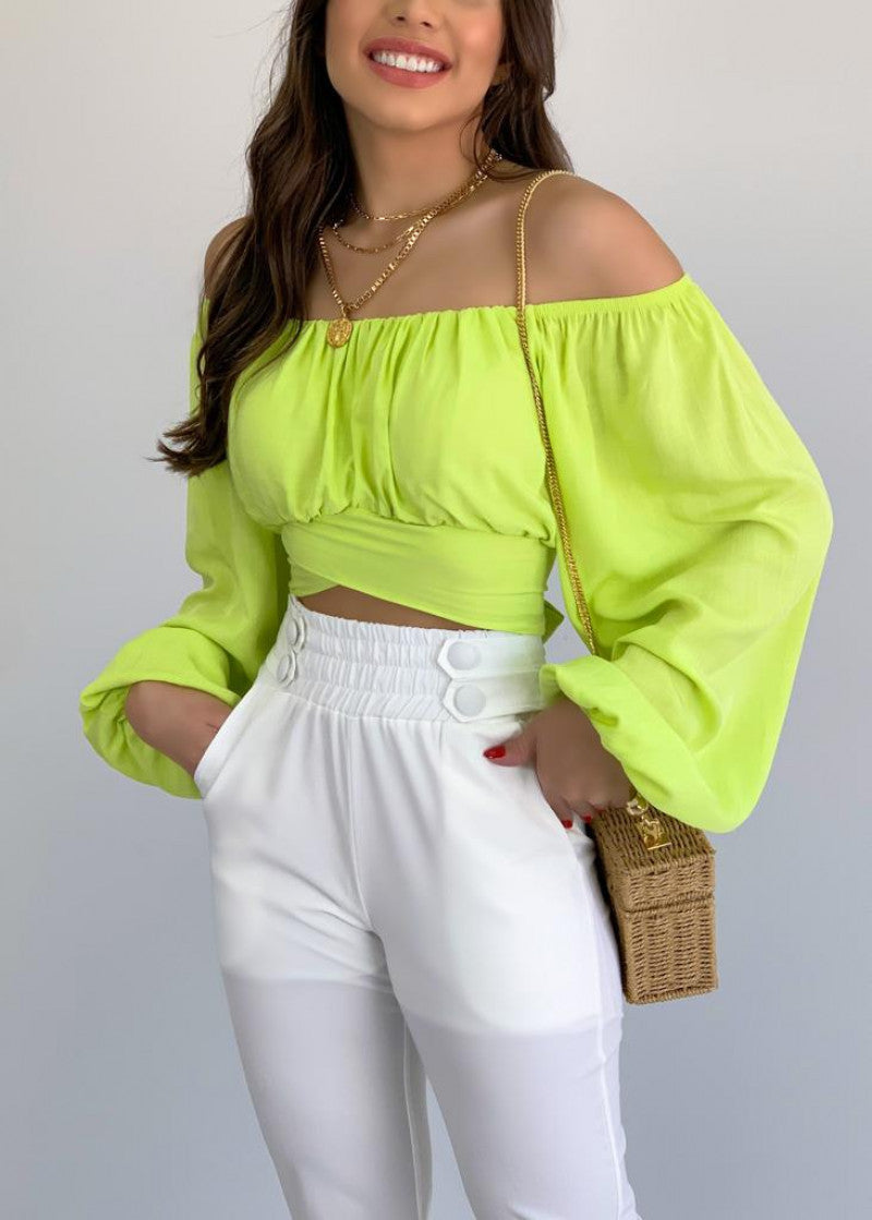 Spot European and American  tops women's solid color open-button lantern sleeves one-word collar sexy lace-up women's bubble sleeve shirt