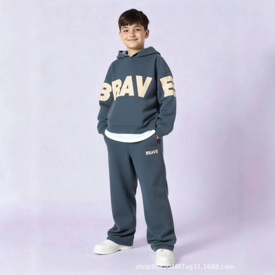 Boys' spring/autumn letter print hoodie and sweatpants set - boys' casual sporty wide-leg two-piece outfit