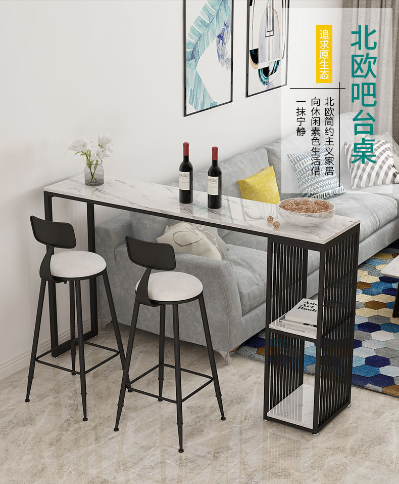 Simple home living room black and white bar table and chairs Nordic marble dining high table with storage cabinet long table