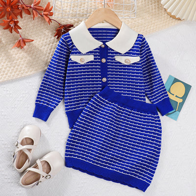 Fall and winternew arrivalgirlsweatersuitk-style lapel cardigantops+ hip skirt babytwo-piece setexport