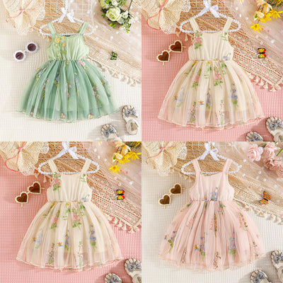 new european and american mesh suspender dress for girls, summer cute baby girl sweet bow dress