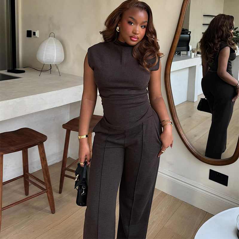 European and American  women's clothing 2025 autumn new fashion casual semi-turtleneck short-sleeved waist wide-leg pants solid color suit