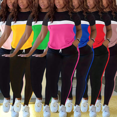 S391320 women's fashion color block short sleeve t-shirt & slimming long pants casual activewear set - perfect for cross-border e-commerce