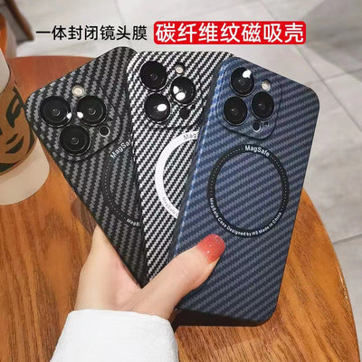 Suitable for iphone16pro carbon fiber pattern lens film mobile phone case apple 15pc magnetic magsafe hard case