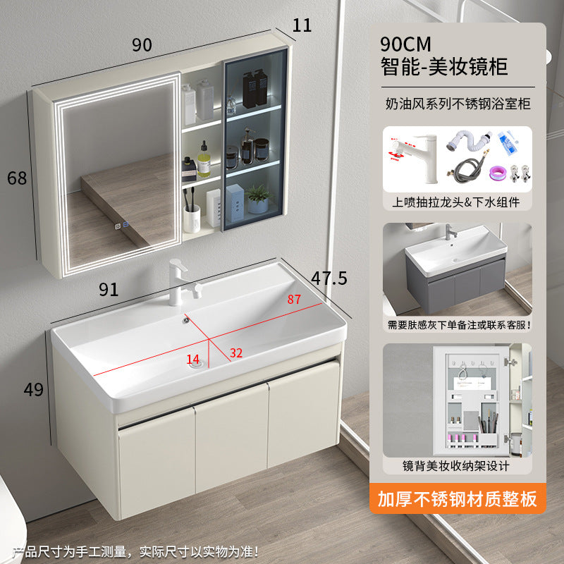 Stainless steel moisture-proof bathroom cabinet, smart mirror cabinet, washstand, ceramic integrated washbasin, deepen seamless washstand