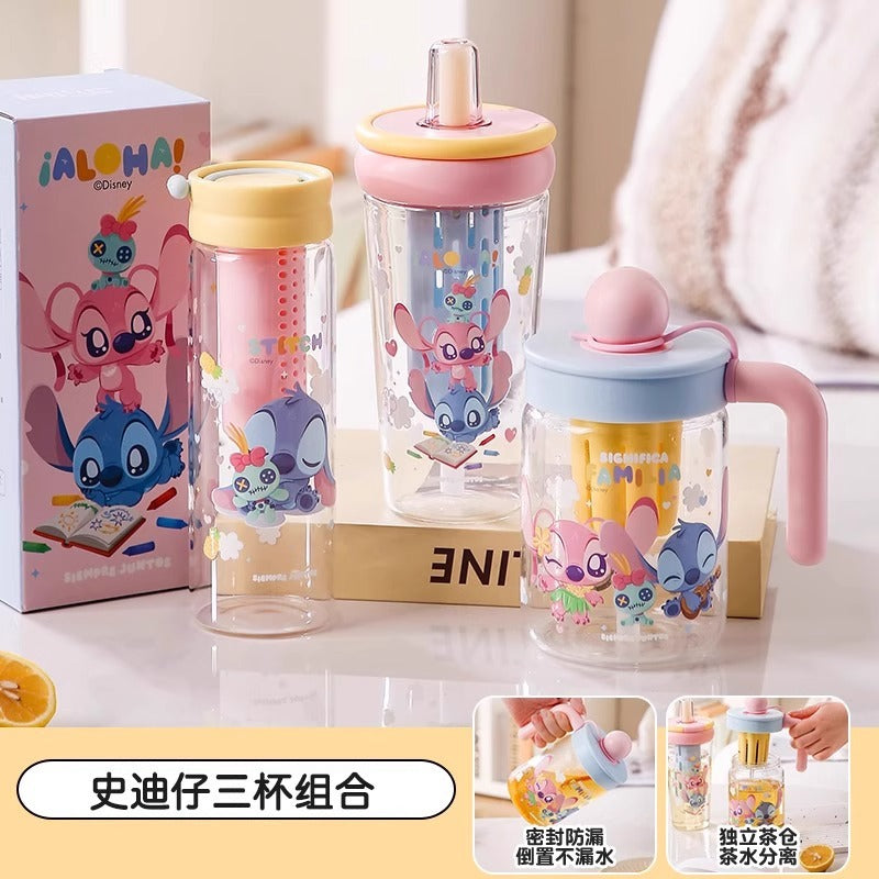 Stitch Glass Girls Large Capacity Cold Drink Fruit Teacup Stitch Drinking Tea Cup Independent Tea Warehouse with Straw