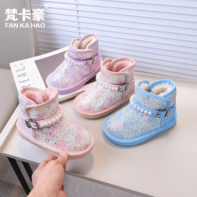 Vancahao girls' fashion sequin & beaded princess snow boots - new winter collection, fleece-lined and extra thick kids' cotton shoes